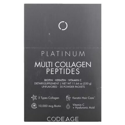 Codeage, Platinum, Multi-Collagen Peptides, Biotin, Keratin, Vitamin C, 30 Packets, 0.38 oz (11 g), Codeage, Platinum, мультиколлагеновые пептиды, биотин, кератин, витамин C, 30 пакетиков по 11 г (0